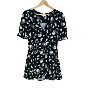 Topshop Bella V-Neck Mini Tea Dress In Blurred Floral Print Size 4 Black Purple